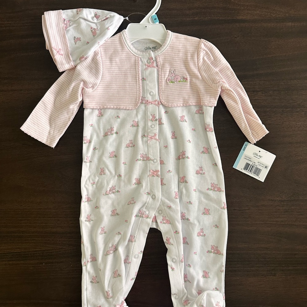 Little Me Pink & White Footed One-Piece with Matching Hat (NWT)